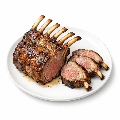 Lamb veal & game australian imported fresh rack roast frenched bone-in separable lean and fat trimmed to 1/8" cooked roasted