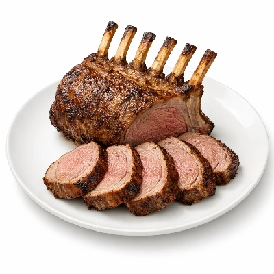 Lamb veal & game australian imported fresh rack roast frenched denuded bone-in separable lean only trimmed to 0" fat cooked roasted