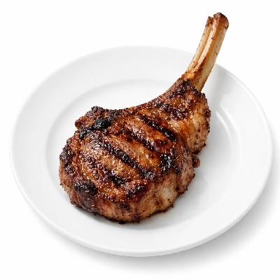 Lamb veal & game australian imported fresh rib chop frenched denuded bone-in separable lean and fat trimmed to 0" cooked grilled