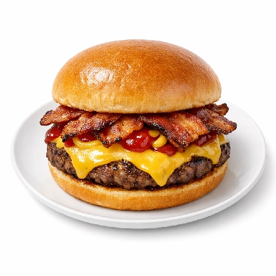 Large bacon cheeseburger with bun and single patty with ketchup and mustard
