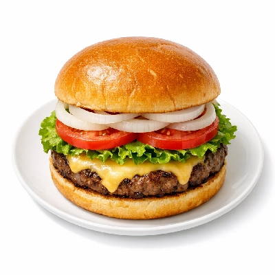 Large cheeseburger with bun and single patty with lettuce tomato onion mayo ketchup and mustard