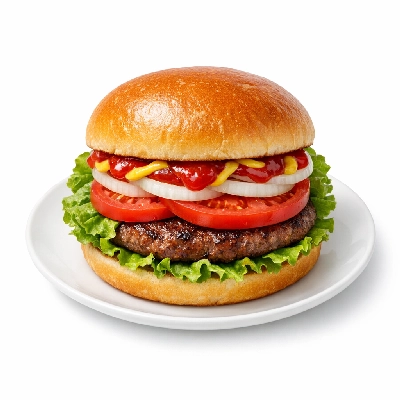 Large hamburger with bun and single patty with lettuce tomato onion ketchup and mustard