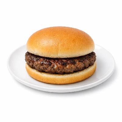 Large hamburger with bun and single patty no condiments