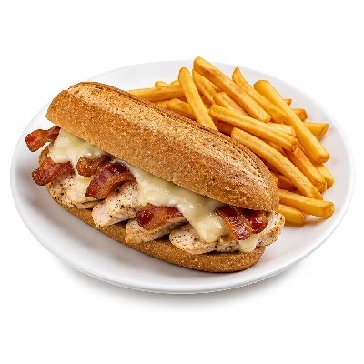 Mazzio's Pizza Toasted Hoagie Chicken Bacon and Provolone on Wheatberry Bread with Fries