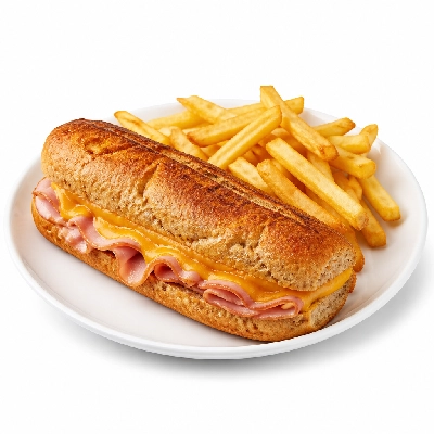 Mazzio's Pizza Toasted Hoagie Ham and Cheddar on Wheatberry Bread with Fries