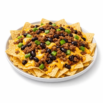 Nachos with cheese, beans, ground beef, and peppers