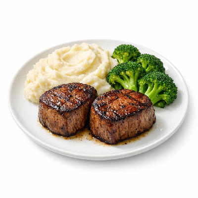 Outback Steakhouse Signature Steaks Roasted Garlic Filet Medallions with Mashed Potatoes and Broccoli