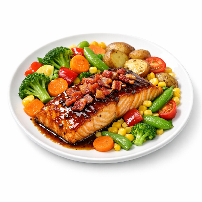 Outback Steakhouse Straight from the Sea Bacon Bourbon Salmon 10 Oz with Seasonal Mixed Vegetables