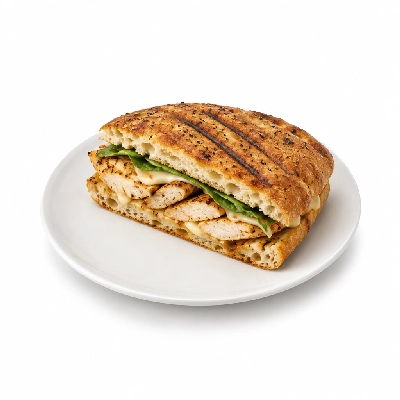 Panera Bread Frontega Chicken Panini on Black Pepper Focaccia Half