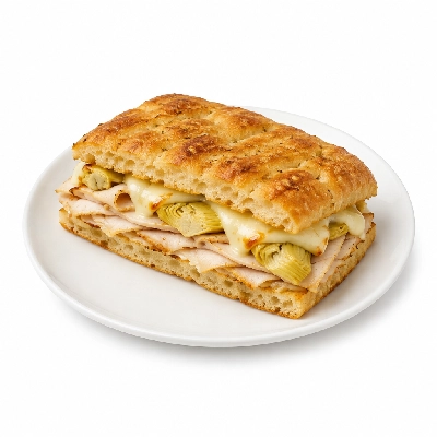 Panera Bread Hot Panini Full Roasted Turkey Artichoke on Focaccia with Asiago Cheese