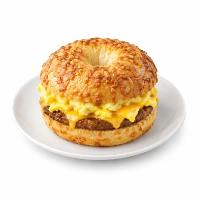 Panera Bread Sausage Scrambled Egg and Cheese on an Asiago Bagel Sandwich