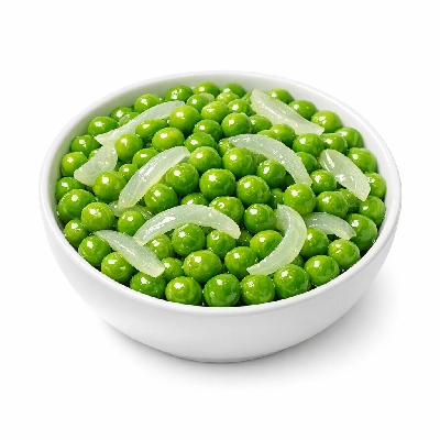 Peas and onions frozen cooked boiled drained with salt