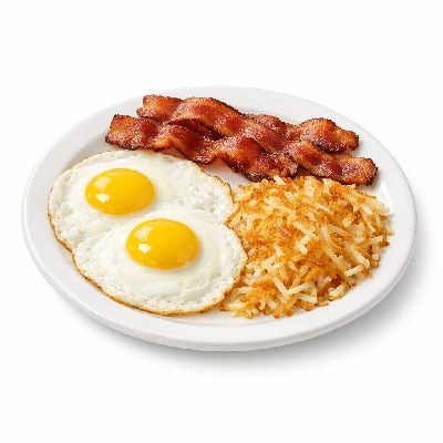 Perkins Restaurant & Bakery Two Eggs Applewood Smoked Bacon Strips and Crispy Hash Browns