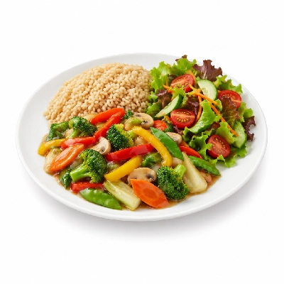 Pick Up Stix Wok Wise Combos Buddha's Feast White Wine Sauce with Brown Rice & Salad