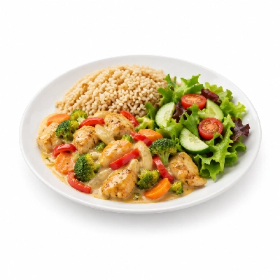 Pick Up Stix Wok Wise Combos Chicken and Vegetables White Wine Sauce with Brown Rice & Salad