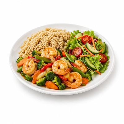 Pick Up Stix Wok Wise Combos Shrimp and Vegetables with Brown Rice & Salad