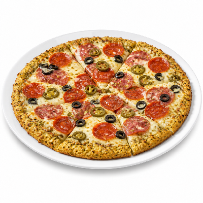 Pieology Cauliflower Crust Garlic Herb Sauce Mozzarella Pepperoni Salami Black Olives Jalapenos Pizza