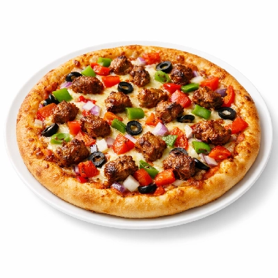 Pizza meat and vegetable topping regular crust frozen cooked