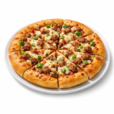 Pizza meat and vegetable topping rising crust frozen cooked