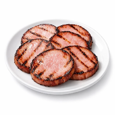 Pork cured canadian-style bacon grilled