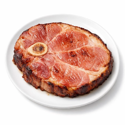 Pork cured ham and water product slice bone-in separable lean fat heated pan-broil