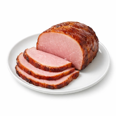 Pork cured ham -- water added shank bone-in separable lean only heated roasted