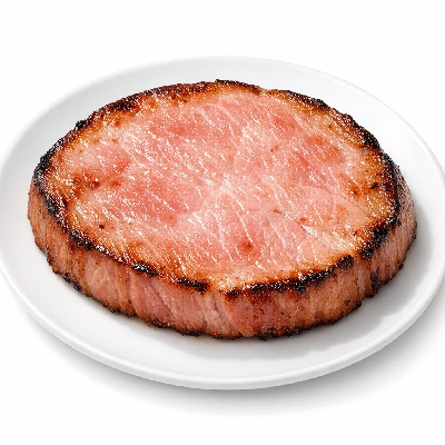 Pork cured ham -- water added slice bone-in separable lean and fat heated pan-broil
