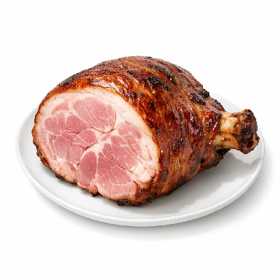 Pork cured ham with natural juices rump bone-in separable lean and fat heated roasted