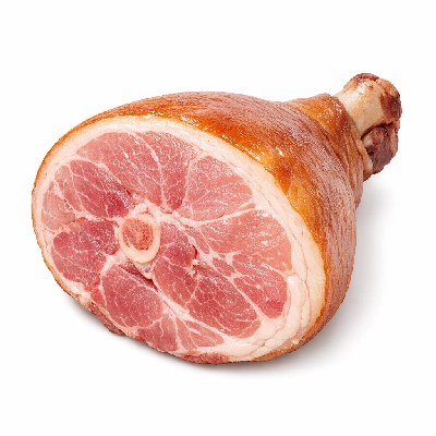 Pork cured ham with natural juices shank bone-in separable lean and fat unheated