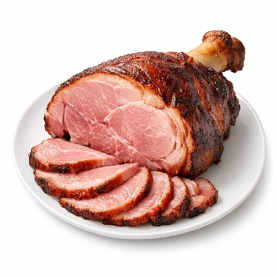 Pork cured ham with natural juices shank bone-in separable lean only heated roasted