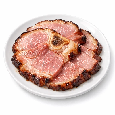Pork cured ham with natural juices slice bone-in separable lean and fat heated pan-broil