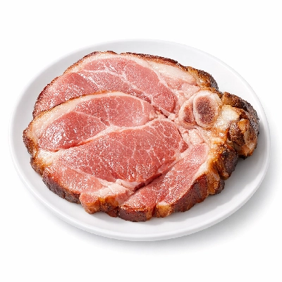 Pork cured ham with natural juices slice bone-in separable lean and fat unheated