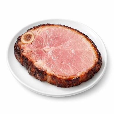 Pork cured ham with natural juices slice bone-in separable lean only heated pan-broil
