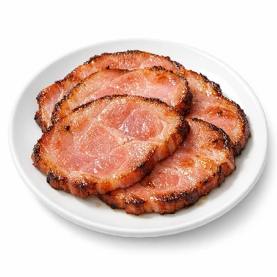 Pork cured ham with natural juices slice boneless separable lean and fat heated pan-broil