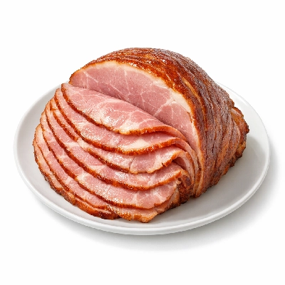 Pork cured ham with natural juices spiral slice boneless separable lean and fat unheated