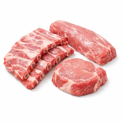 Pork fresh composite of trimmed leg loin shoulder and spareribs includes cuts to be cured separable lean fat raw