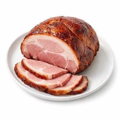 Pork fresh leg ham rump half separable lean and fat cooked roasted