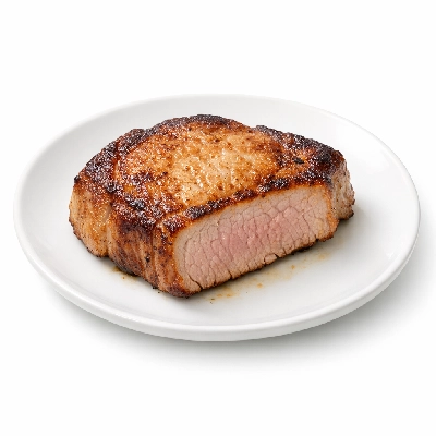 Pork fresh loin center rib chops boneless separable lean and fat cooked braised