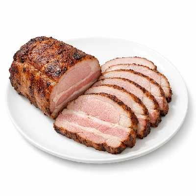 Pork loin center roast bone-in lean meat and fat roasted