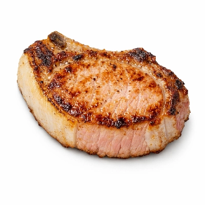 Pork products fresh loin center (chops) boneless separable lean and fat cooked pan-broiled