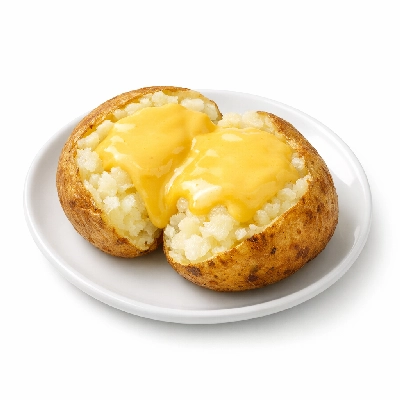 Potato baked and topped with cheese sauce