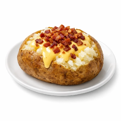 Potato baked and topped with cheese sauce and bacon