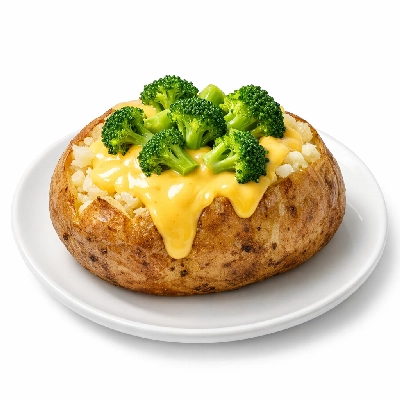 Potato baked and topped with cheese sauce and broccoli