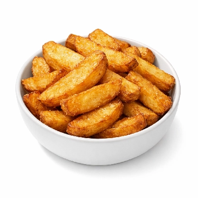 Potatoes french fried steak fries salt added in processing frozen oven-heated