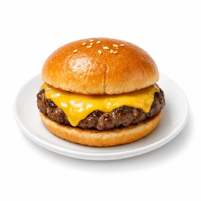 Regular cheeseburger with bun and single patty no condiments
