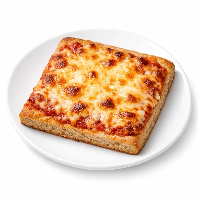 School lunch pizza, cheese topping whole grain thick crust