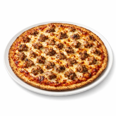 School lunch pizza, sausage topping, whole grain thin crust