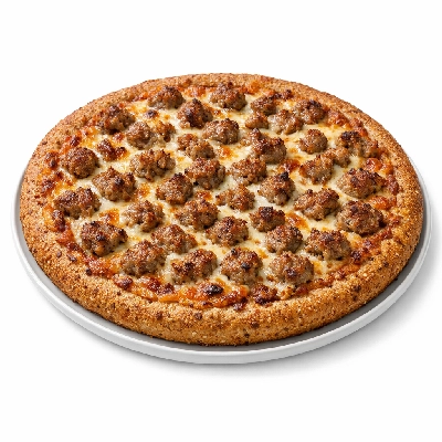 School lunch sausage pizza, whole grain thick crust