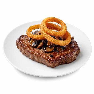 Scores Strip Loin Steak with Sauteed Mushrooms and Battered Onions
