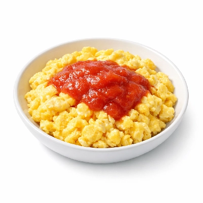 Scrambled eggs with tomato sauce